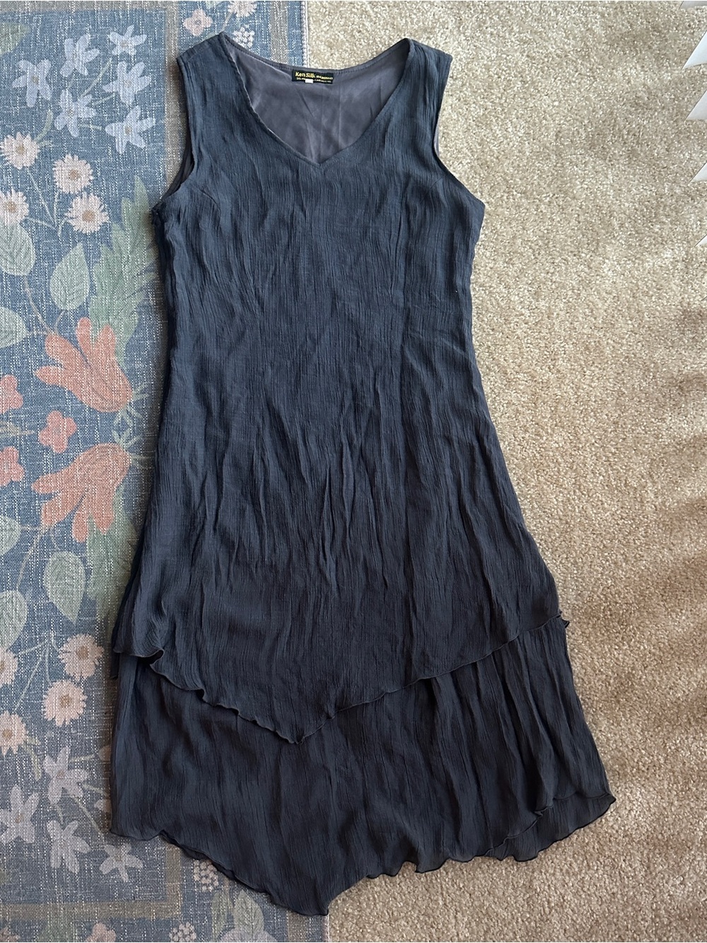 Ken Silk Charcoal Gray V-Neck Sleeveless Ruffle Midi Dress